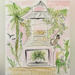 Original hand painted watercolor colony, Hotel Palm beach, wall, art decor